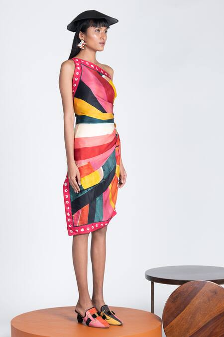 Shivan & Narresh_Multi Color Silk One Shoulder Dress_Online_at_Aza_Fashions