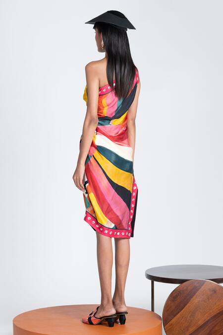 Shop_Shivan & Narresh_Multi Color Silk One Shoulder Dress_at_Aza_Fashions