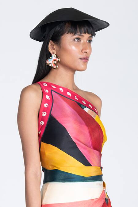 Buy_Shivan & Narresh_Multi Color Silk One Shoulder Dress_Online_at_Aza_Fashions
