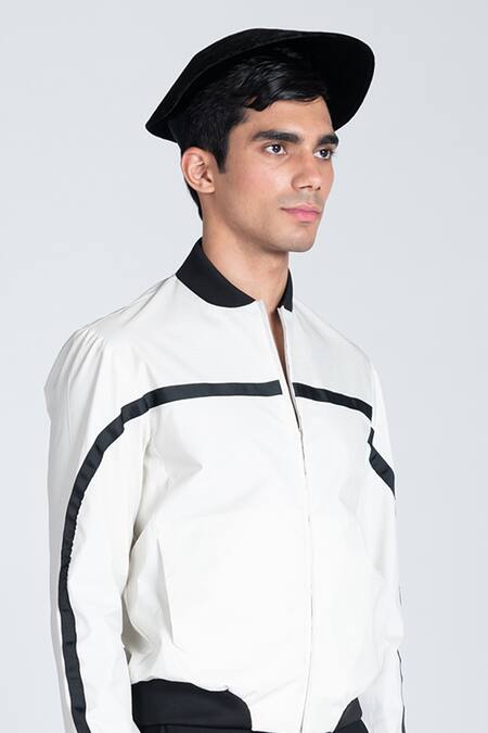 Buy_Shivan & Narresh_White Taffeta Front Zipper Bomber Jacket _Online_at_Aza_Fashions
