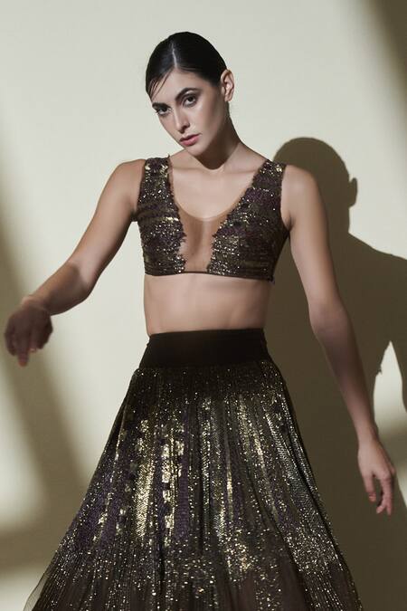Nikita Mhaisalkar_Brown Organza, Tulle V Neck Embroidered Lehenga Set _at_Aza_Fashions