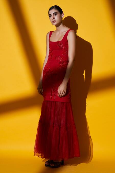 Nikita Mhaisalkar_Red Tulle Maxi Skirt_Online_at_Aza_Fashions