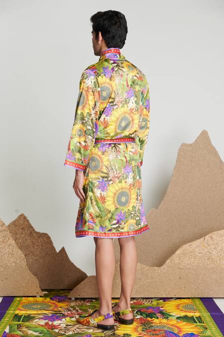 Shivan & Narresh Yellow Stone Crepe (98% Polyester Botanical Printed Robe  2