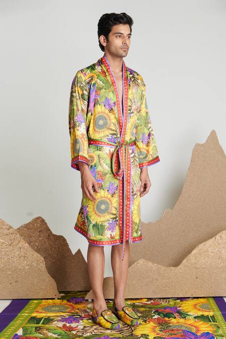 Shivan & Narresh Yellow Stone Crepe (98% Polyester Botanical Printed Robe  3