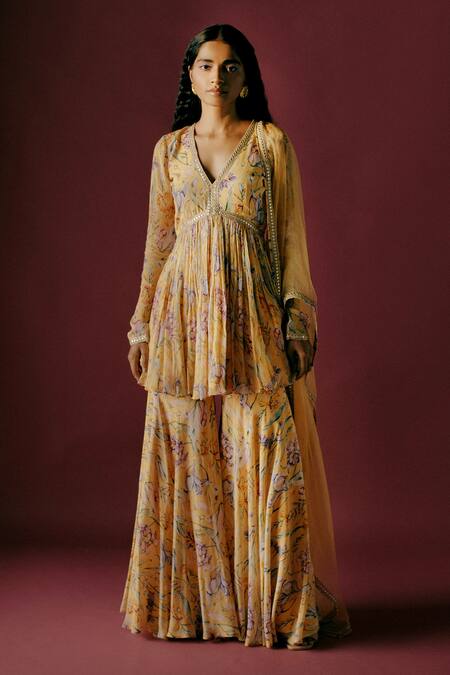 Sobariko Yellow Floral Print Kurta Sharara Set 