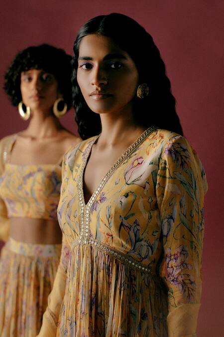 Shop_SOBARIKO_Yellow Floral Print Kurta Sharara Set_at_Aza_Fashions