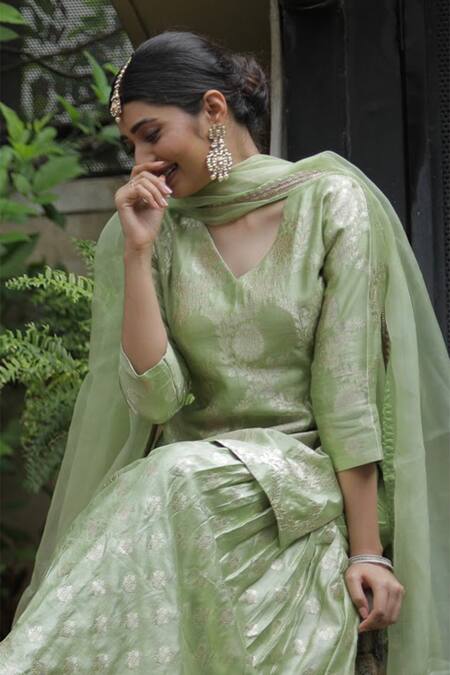 Shop_Sobariko_Green Organza, Banarasi Brocade Kurta Sharara Set _at_Aza_Fashions