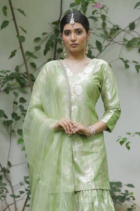 Sobariko_Green Organza, Banarasi Brocade Kurta Sharara Set _Online_at_Aza_Fashions
