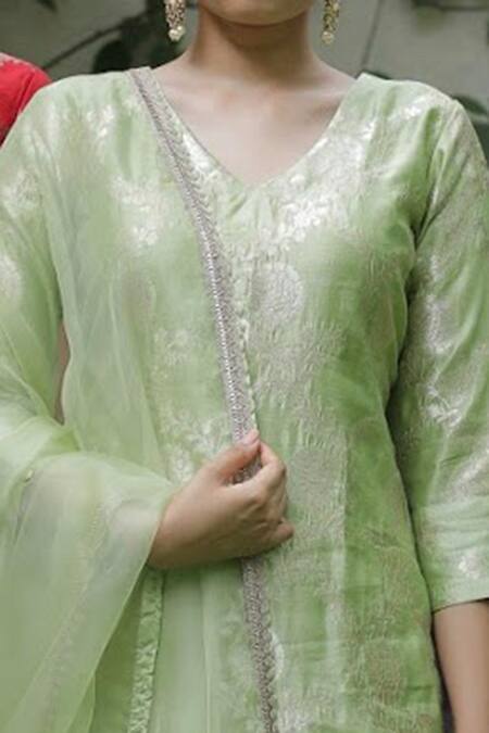 Buy_Sobariko_Green Organza, Banarasi Brocade Kurta Sharara Set _Online_at_Aza_Fashions