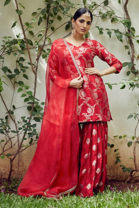 Sobariko Red Banarasi Brocade Kurta Sharara Set  