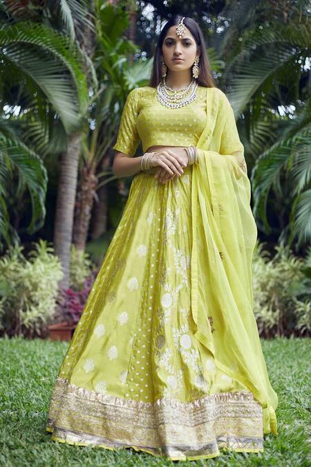 Shop_SOBARIKO_Yellow Organza, Banarasi Brocade Round Lehenga Set_at_Aza_Fashions