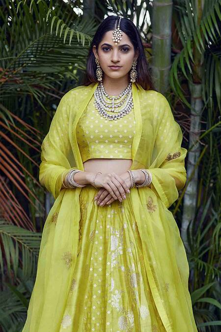 Shop_SOBARIKO_Yellow Organza, Banarasi Brocade Round Lehenga Set_Online_at_Aza_Fashions