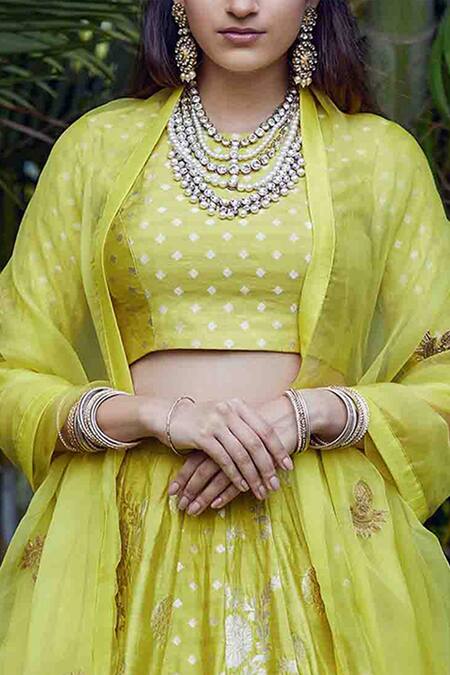 SOBARIKO_Yellow Organza, Banarasi Brocade Round Lehenga Set_at_Aza_Fashions