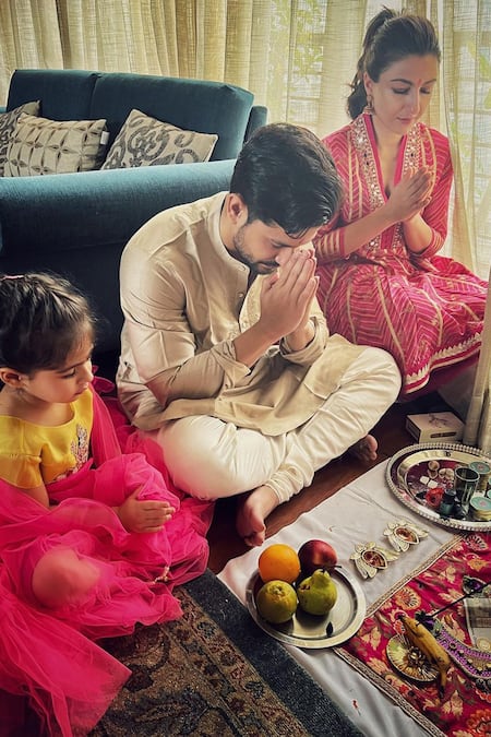 Gopi Vaid_Pink Tussar V Neck Printed Anarkali And Dhoti Pant Set_Online_at_Aza_Fashions