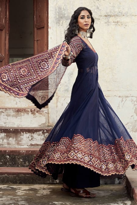 SUHINO_Blue Shantoon, Soft Net, Taffeta Silk Lining Cotton U Embroidered Anarkali Set _Online_at_Aza_Fashions