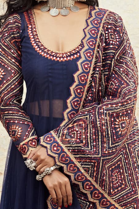 Shop_SUHINO_Blue Shantoon, Soft Net, Taffeta Silk Lining Cotton U Embroidered Anarkali Set _Online_at_Aza_Fashions