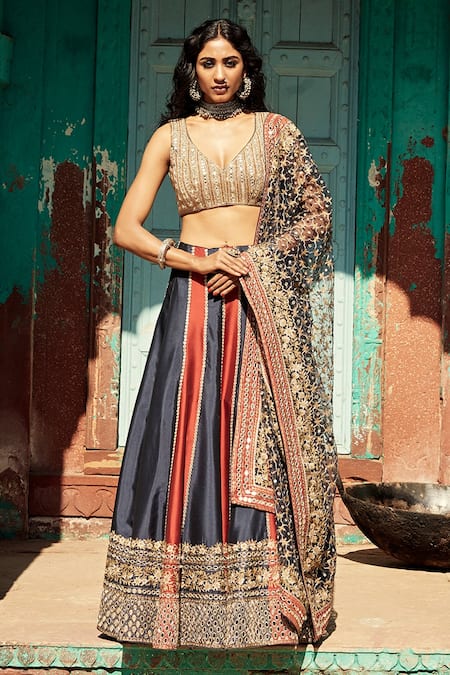 Intricate Navy Blue Colored Bridal wear Embroidered Lehenga