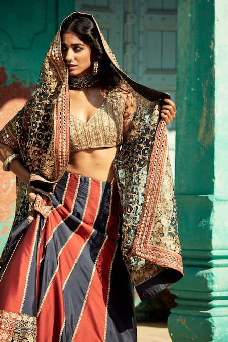 SUHINO_Blue Shantoon, 100 Grams Pure Raw Silk, Net Embroidered Bridal Lehenga Set_Online_at_Aza_Fashions