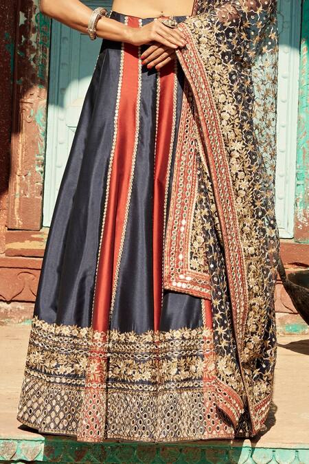 Buy_SUHINO_Blue Shantoon, 100 Grams Pure Raw Silk, Net Embroidered Bridal Lehenga Set_Online_at_Aza_Fashions