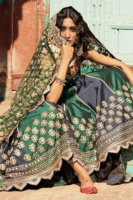 SUHINO_Blue Shantoon, 100 Grams Pure Raw Silk, Net Embroidered Bridal Lehenga Set_Online_at_Aza_Fashions