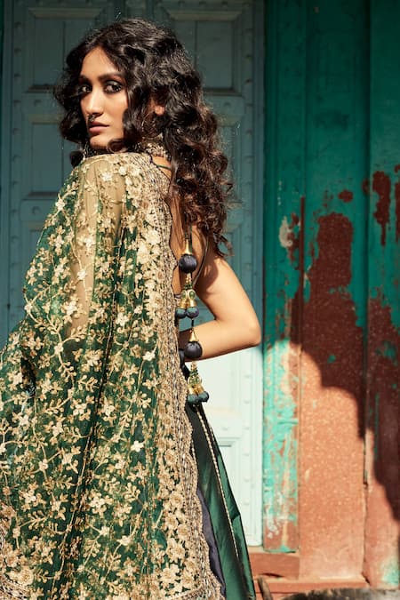 Buy_SUHINO_Blue Shantoon, 100 Grams Pure Raw Silk, Net Embroidered Bridal Lehenga Set_Online_at_Aza_Fashions