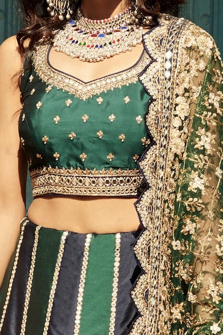 Shop_SUHINO_Blue Shantoon, 100 Grams Pure Raw Silk, Net Embroidered Bridal Lehenga Set_Online_at_Aza_Fashions