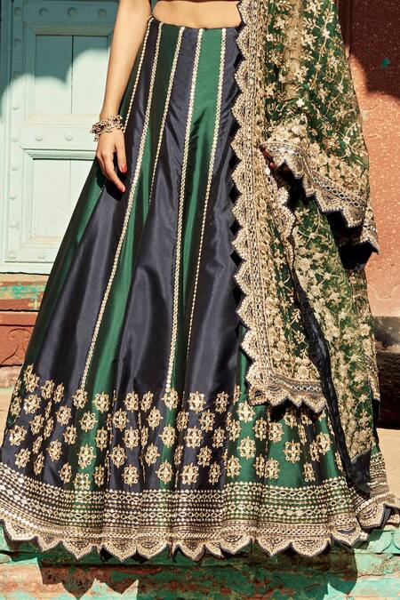 SUHINO_Blue Shantoon, 100 Grams Pure Raw Silk, Net Embroidered Bridal Lehenga Set_at_Aza_Fashions