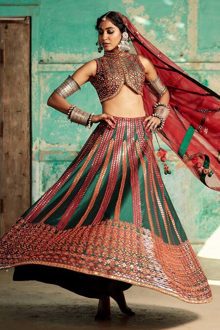 SUHINO_Green Shantoon, 100 Grams Pure Raw Silk, Net Embroidered Bridal Lehenga Set _Online_at_Aza_Fashions