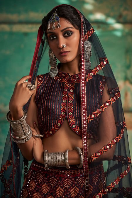 Buy SUHINO Blue Shantoon, 100 Grams Pure Raw Silk, Net Embroidered Bridal Lehenga Set Online at Aza Fashions Buy_SUHINO_Blue Shantoon, 100 Grams Pure Raw Silk, Net Embroidered Bridal Lehenga Set _Online_at_Aza_Fashions