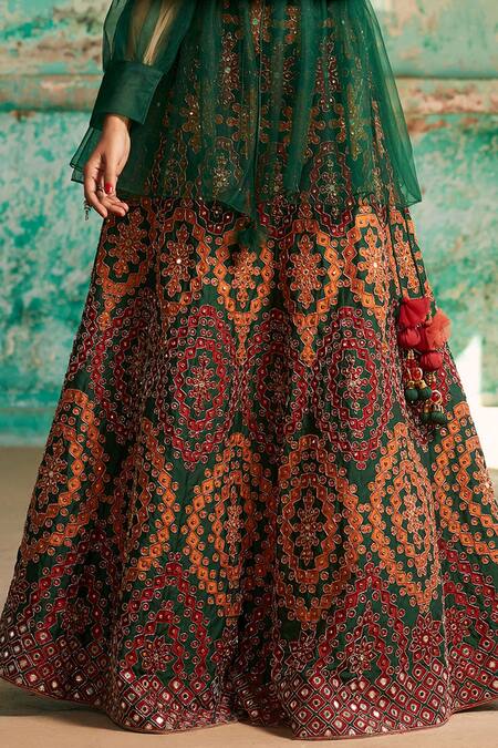 SUHINO Red Shantoon, Organza Lining Cotton, Soft Net, Sheer Jacket And Lehenga Set at Aza Fashions SUHINO_Red Shantoon, Organza Lining Cotton, Soft Net, Sheer Jacket And Lehenga Set _at_Aza_Fashions