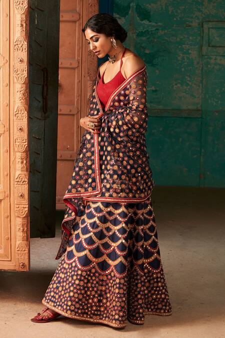 SUHINO_Blue Shantoon, Organza Lining Cotton, Soft Net, Cropped Jacket And Lehenga Set_Online_at_Aza_Fashions
