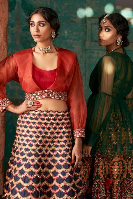 Buy_SUHINO_Blue Shantoon, Organza Lining Cotton, Soft Net, Cropped Jacket And Lehenga Set_Online_at_Aza_Fashions