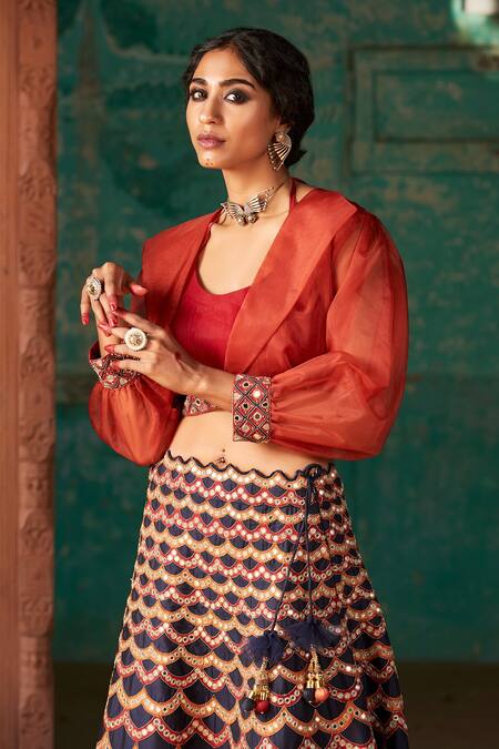 Shop_SUHINO_Blue Shantoon, Organza Lining Cotton, Soft Net, Cropped Jacket And Lehenga Set_Online_at_Aza_Fashions