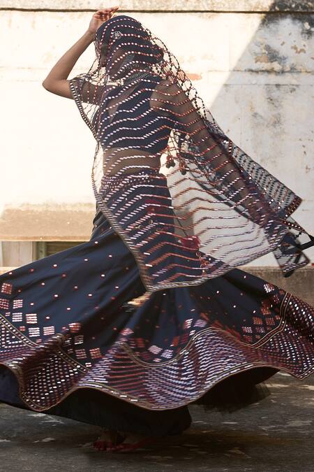 Shop_Suhino_Blue Shantoon, 100 Grams Pure Raw Silk, Net Embroidered Bridal Lehenga Set _at_Aza_Fashions