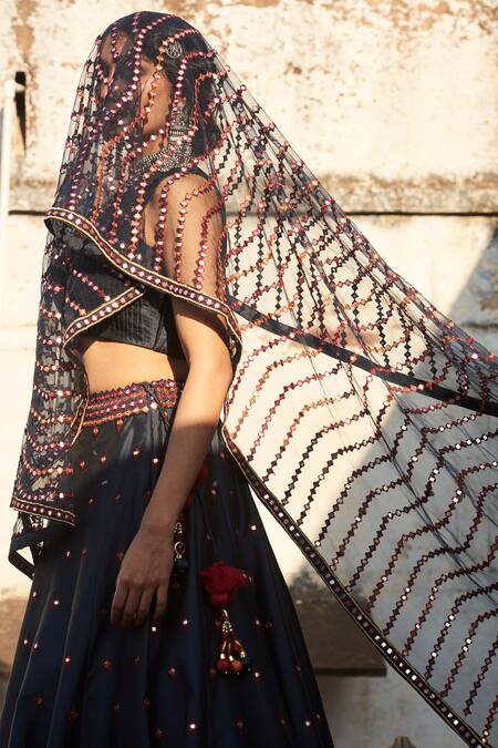 Suhino_Blue Shantoon, 100 Grams Pure Raw Silk, Net Embroidered Bridal Lehenga Set _Online_at_Aza_Fashions