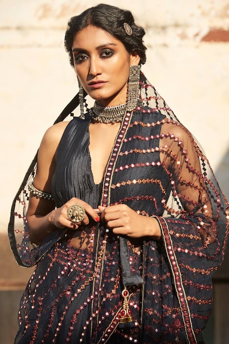 Buy_Suhino_Blue Shantoon, 100 Grams Pure Raw Silk, Net Embroidered Bridal Lehenga Set _Online_at_Aza_Fashions