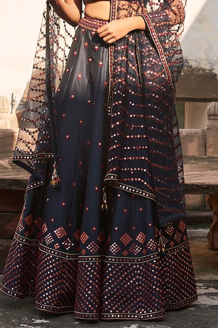 Shop_Suhino_Blue Shantoon, 100 Grams Pure Raw Silk, Net Embroidered Bridal Lehenga Set _Online_at_Aza_Fashions