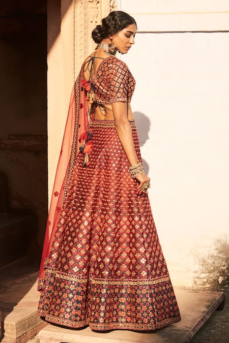 Shop_Suhino_Blue Shantoon, 100 Grams Pure Raw Silk, Net Embroidered Bridal Lehenga Set _at_Aza_Fashions