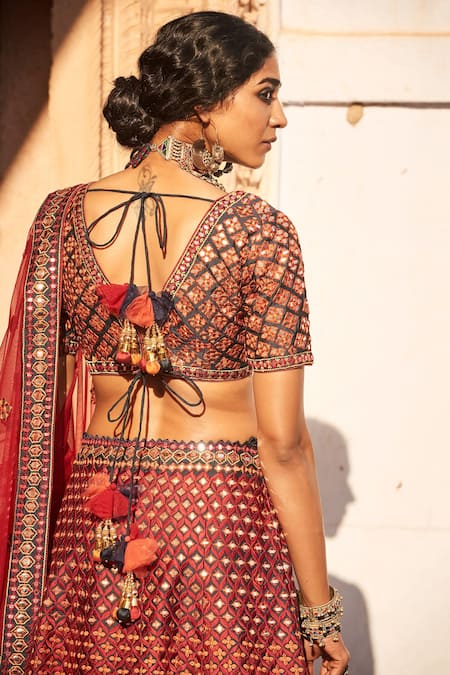 Suhino_Blue Shantoon, 100 Grams Pure Raw Silk, Net Embroidered Bridal Lehenga Set _at_Aza_Fashions