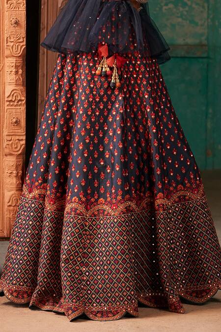 SUHINO_Blue Shantoon, Net Lining Cotton, Taffeta Silk V Peplum Jacket And Lehenga Set_at_Aza_Fashions