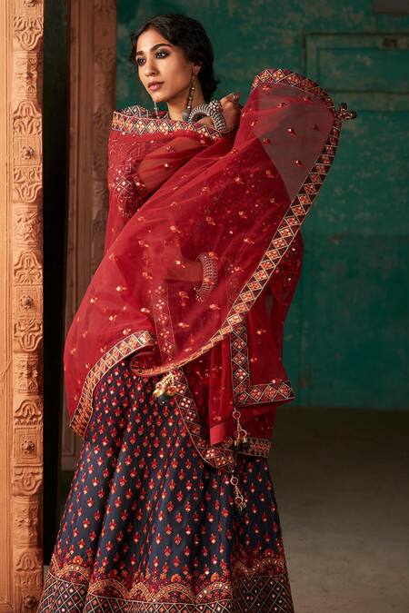 Buy_SUHINO_Blue Shantoon, Net Lining Cotton, Taffeta Silk V Peplum Jacket And Lehenga Set_Online_at_Aza_Fashions