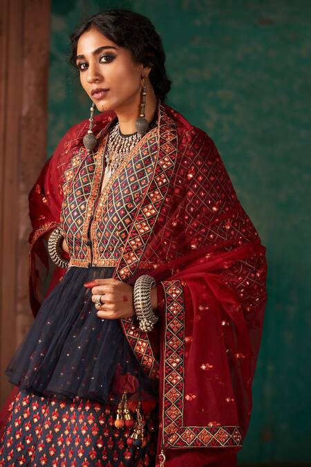 Shop_SUHINO_Blue Shantoon, Net Lining Cotton, Taffeta Silk V Peplum Jacket And Lehenga Set_Online_at_Aza_Fashions