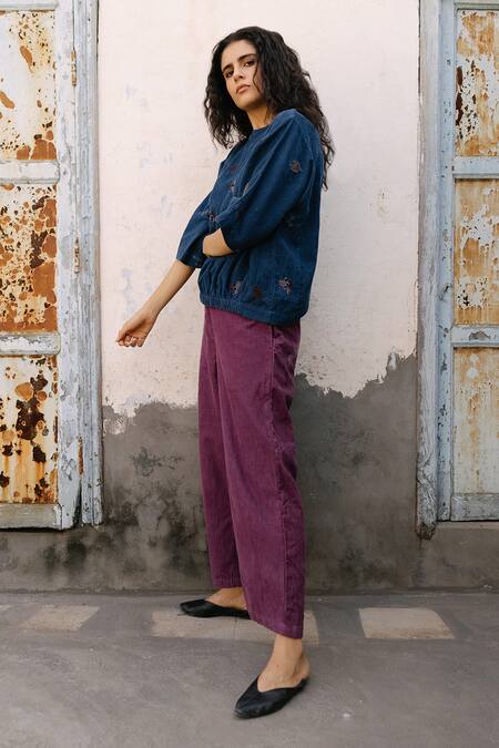 Ayaka_Blue 100% Cotton Corduroy Round Embroidered Top_Online_at_Aza_Fashions