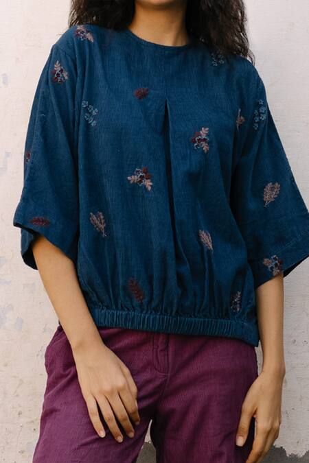Buy_Ayaka_Blue 100% Cotton Corduroy Round Embroidered Top_Online_at_Aza_Fashions