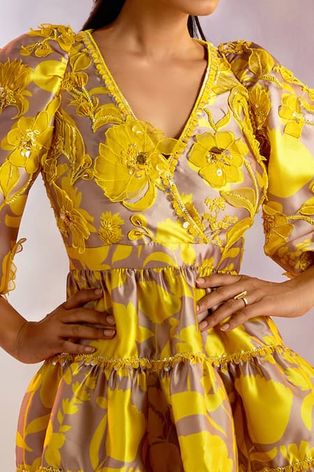 Buy_Pankaj & Nidhi_Yellow Satin Twill Floral Motifs V Neck Solaris Tiered Fit And Flare Dress_Online_at_Aza_Fashions
