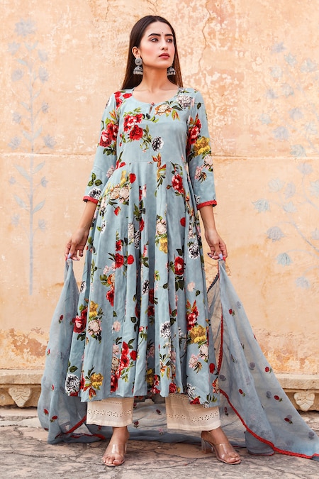Gulabo Jaipur Blue Kurta Cotton Pant Chikan Cotton Dupatta Floral Print Anarkali Set