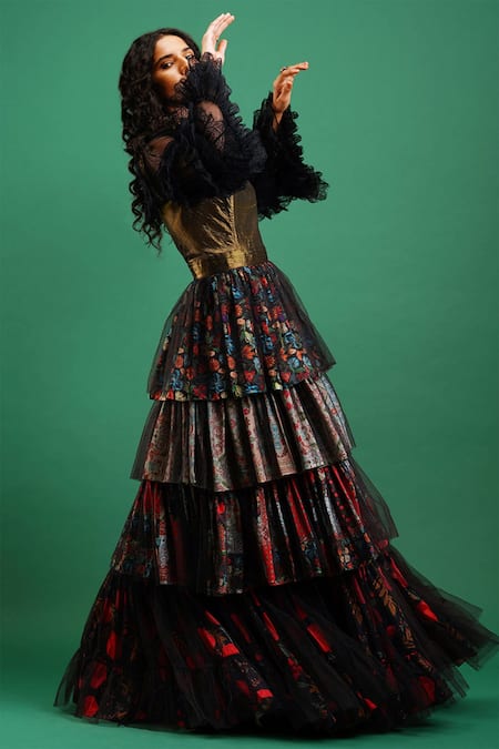 Nidhi Yasha_Black Viscose Printed Square Neck Gown  _Online_at_Aza_Fashions