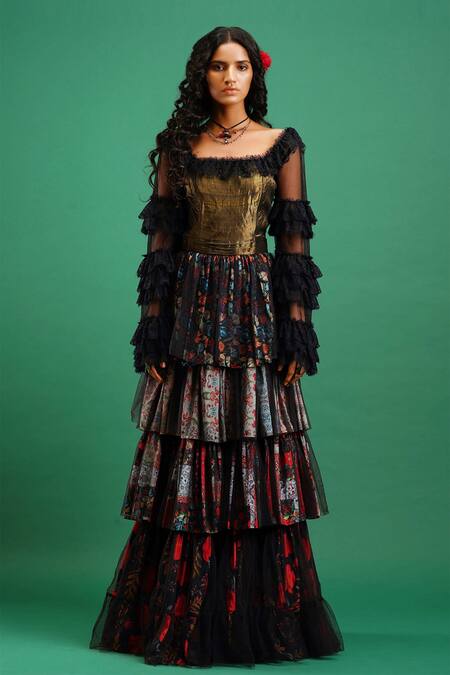 Buy_Nidhi Yasha_Black Viscose Printed Square Neck Gown  _Online_at_Aza_Fashions