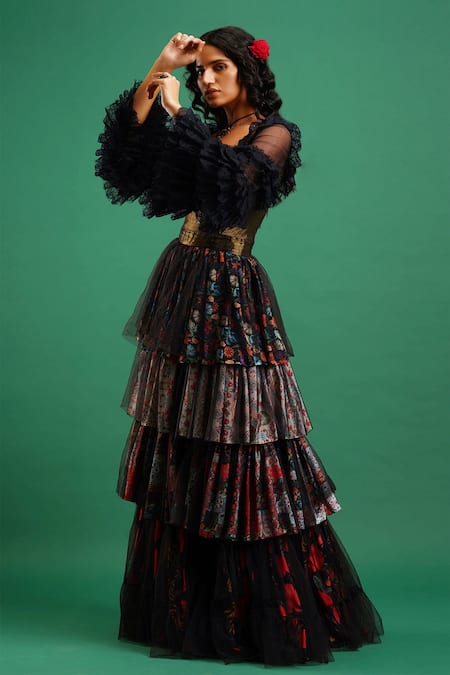 Shop_Nidhi Yasha_Black Viscose Printed Square Neck Gown  _Online_at_Aza_Fashions