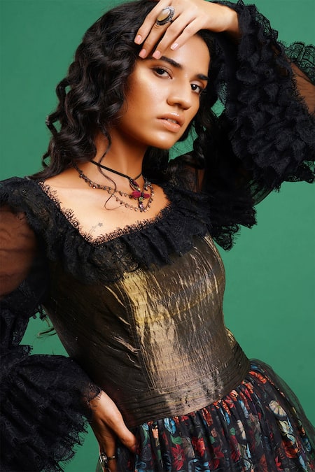 Nidhi Yasha_Black Viscose Printed Square Neck Gown  _at_Aza_Fashions